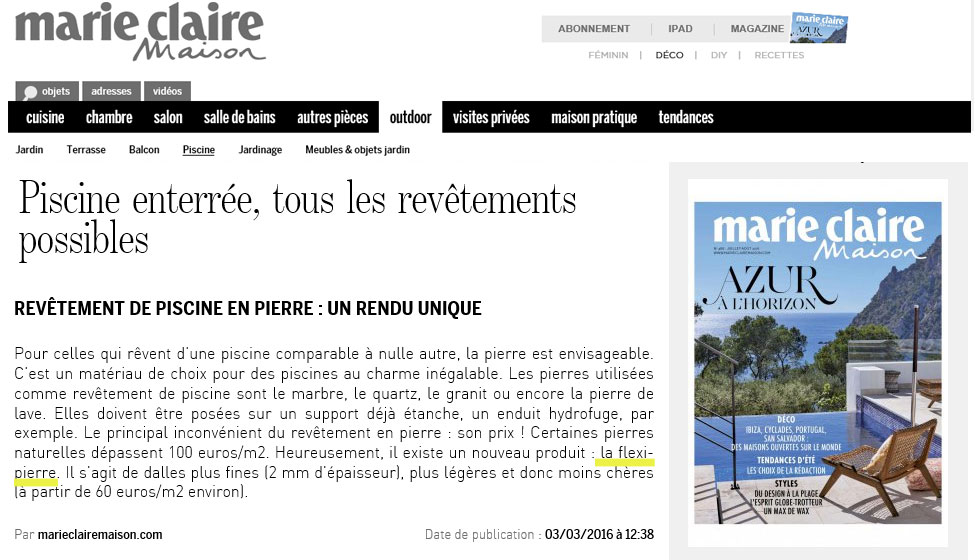 Feuille de pierre en piscine: Les feuilles de pierre Flexi-Pierre un revêtement cité par Marie Claire maison comme une option nouvelle pour les bassins de piscine.