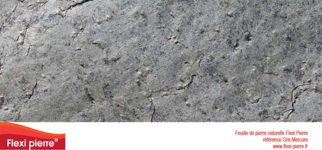 Feuilles de pierre naturelle:  Flexi Pierre Gris Mercure, belle couleur gris métal, un toucher glacé et des petites aspérités ou crevasses qui renforcent son caractère minéral. 