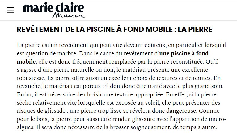 Feuille de pierre en piscine - Le fond mobile de piscine est recouvert de feuilles de pierre, grâce à sa légèreté. Innovation citée par Marie-Claire Maison